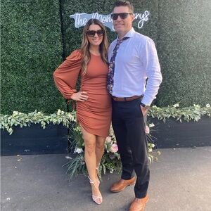 Lovers + Friends Orange Ruched Sheath Dress with Bishop Sleeves